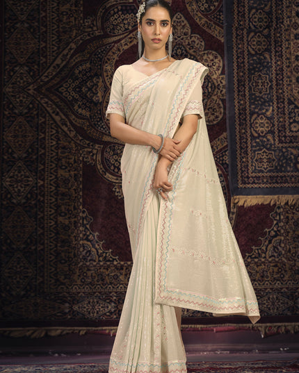 Cream Georgette Sequins Work Wedding Saree