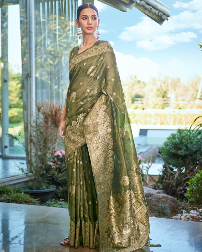 Moss Green Shimmer Silk Woven Saree