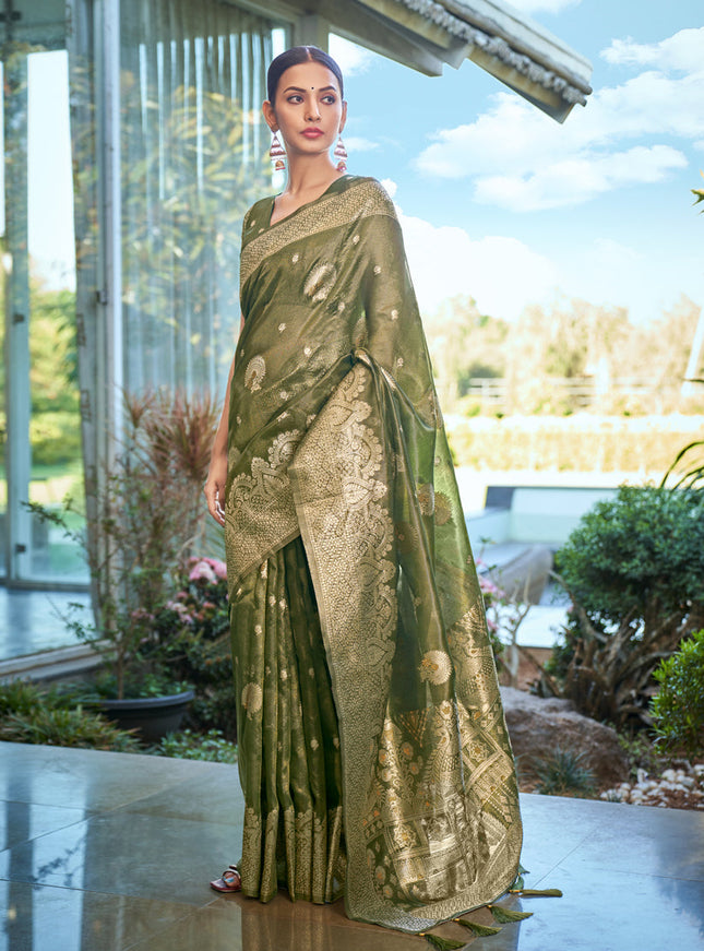 Moss Green Shimmer Silk Woven Saree