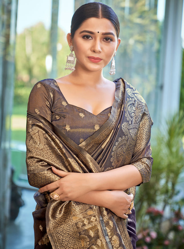 Slate Grey Shimmer Silk Woven Saree