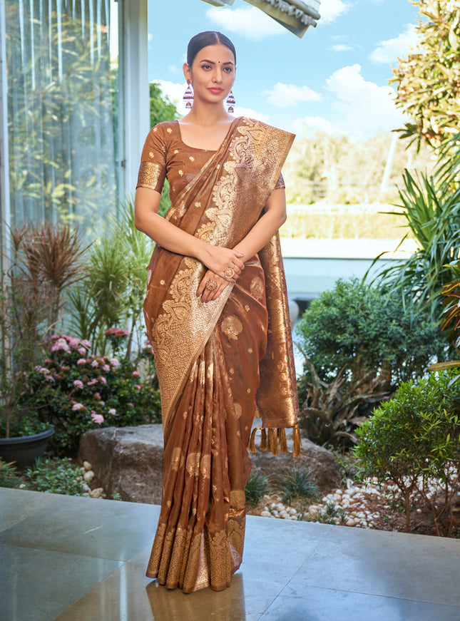 Copper Brown Shimmer Silk Woven Saree