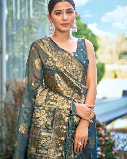 Teal Blue Shimmer Silk Woven Saree