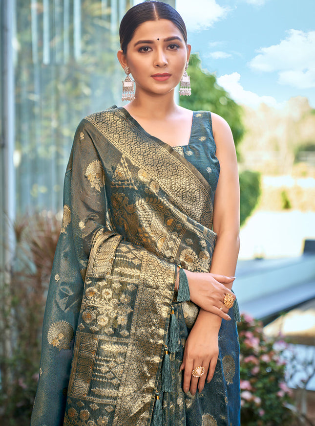 Teal Blue Shimmer Silk Woven Saree