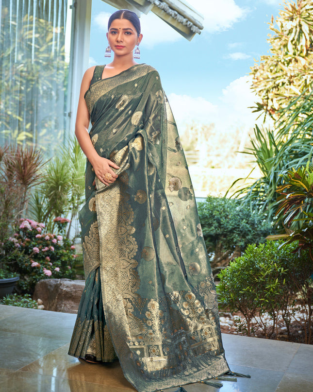 Teal Blue Shimmer Silk Woven Saree