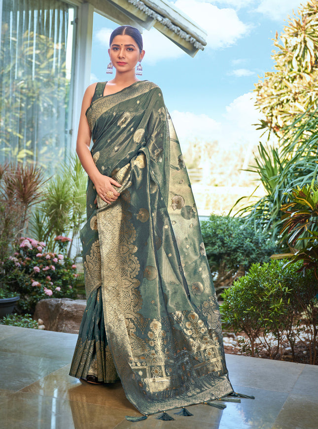 Teal Blue Shimmer Silk Woven Saree