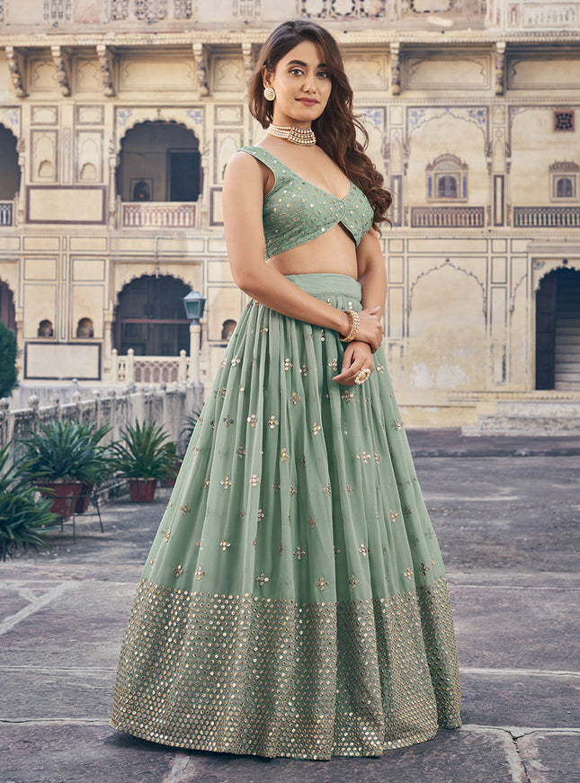 Mint Blue Georgette Embroidered Lehenga Choli