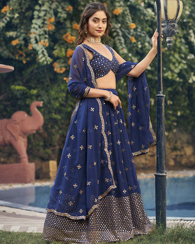 Navy Blue Georgette Embroidered Lehenga Choli