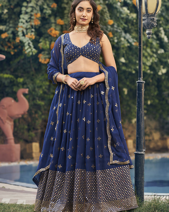 Navy Blue Georgette Embroidered Lehenga Choli