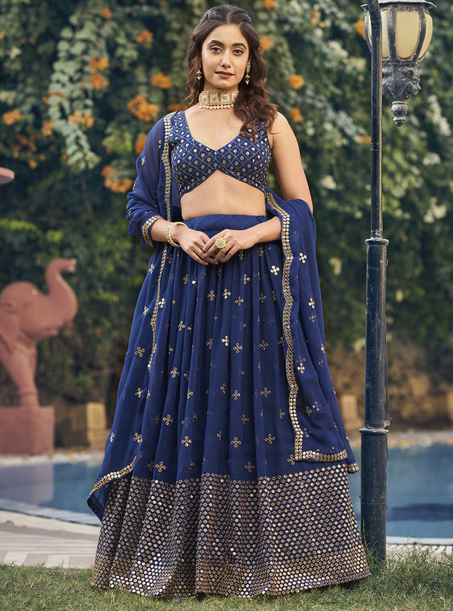 Navy Blue Georgette Embroidered Lehenga Choli