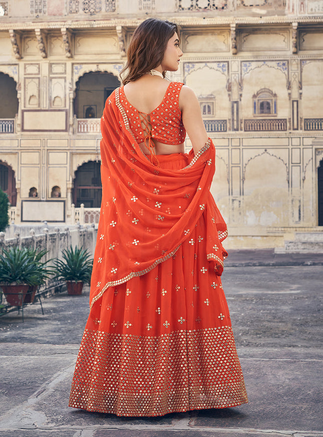 Hot Red Georgette Embroidered Lehenga Choli