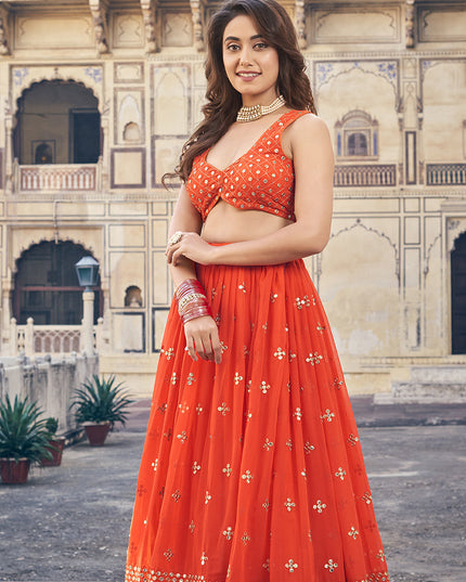 Hot Red Georgette Embroidered Lehenga Choli