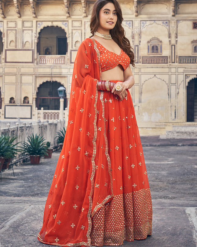 Hot Red Georgette Embroidered Lehenga Choli