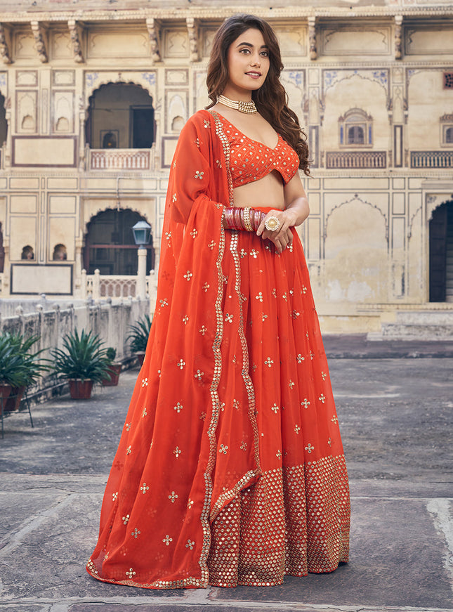 Hot Red Georgette Embroidered Lehenga Choli