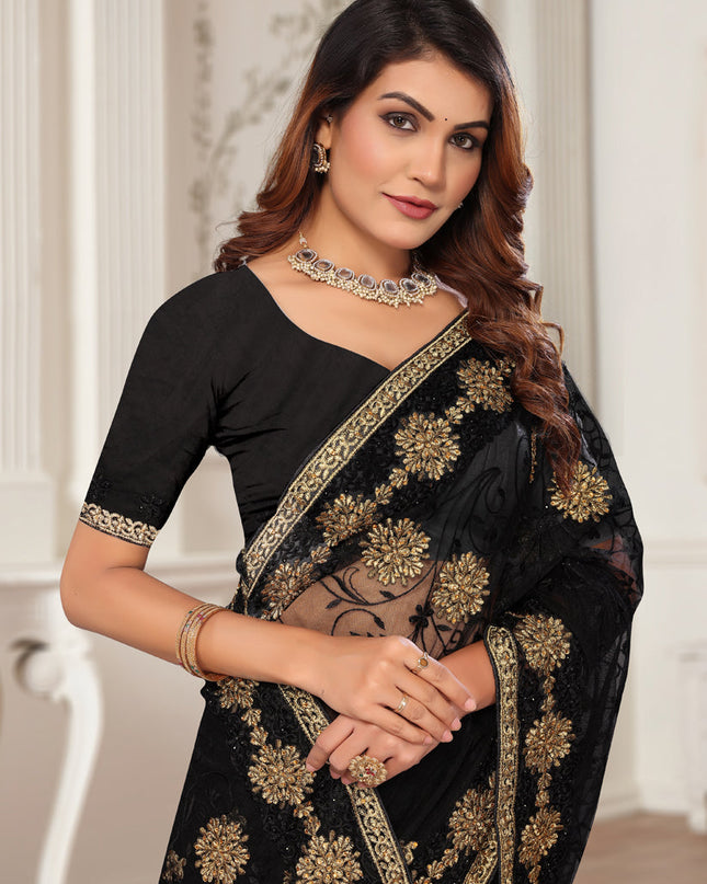 Black Net Embroidered Designer Saree