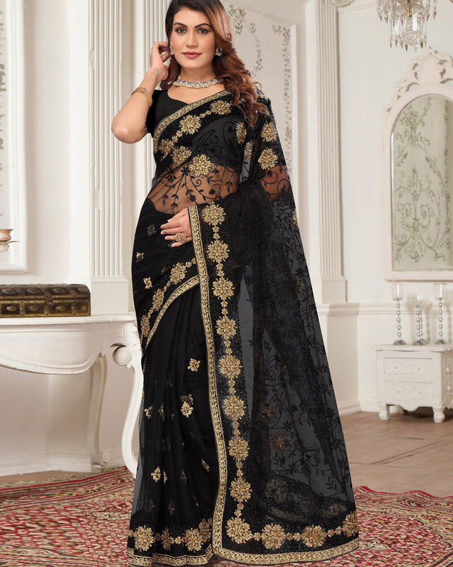 Black Net Embroidered Designer Saree