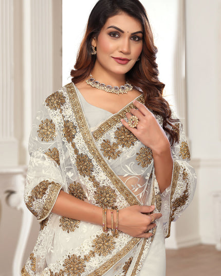 Off White Net Embroidered Designer Saree