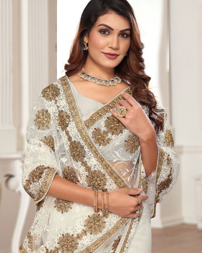 Off White Net Embroidered Designer Saree