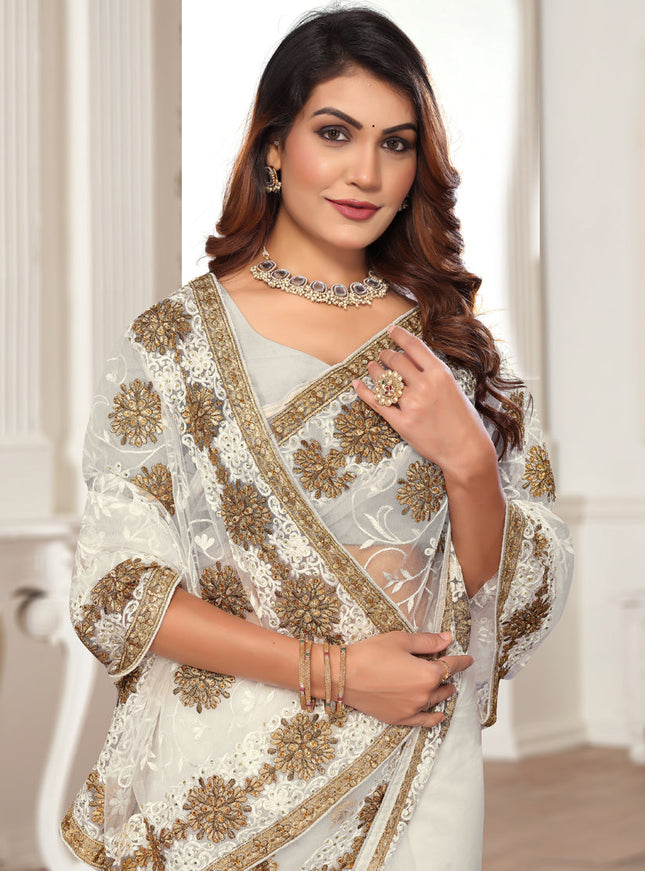 Off White Net Embroidered Designer Saree
