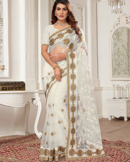 Off White Net Embroidered Designer Saree