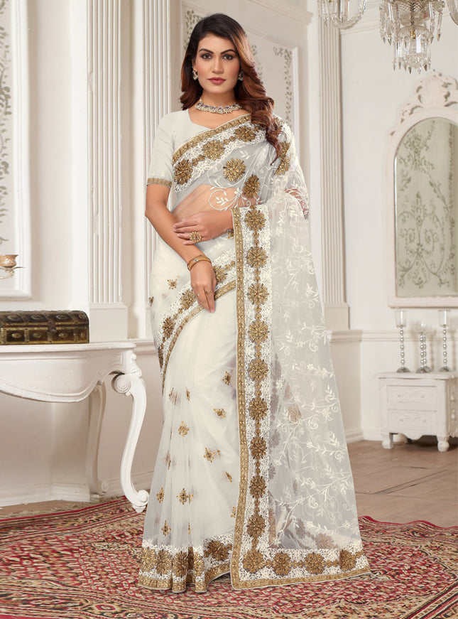 Off White Net Embroidered Designer Saree