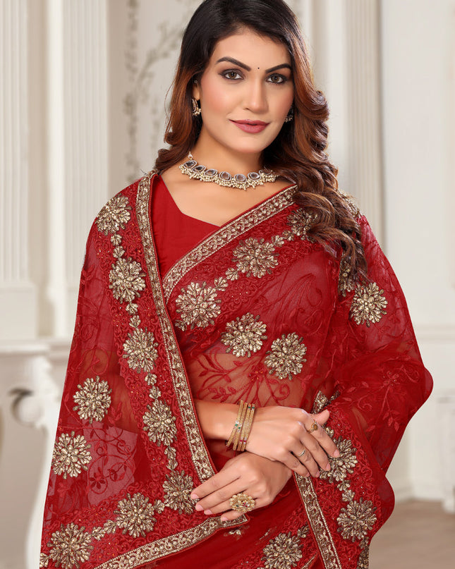 Maroon Net Embroidered Designer Saree