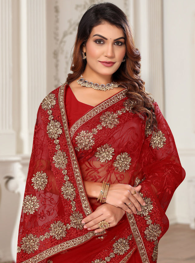 Maroon Net Embroidered Designer Saree