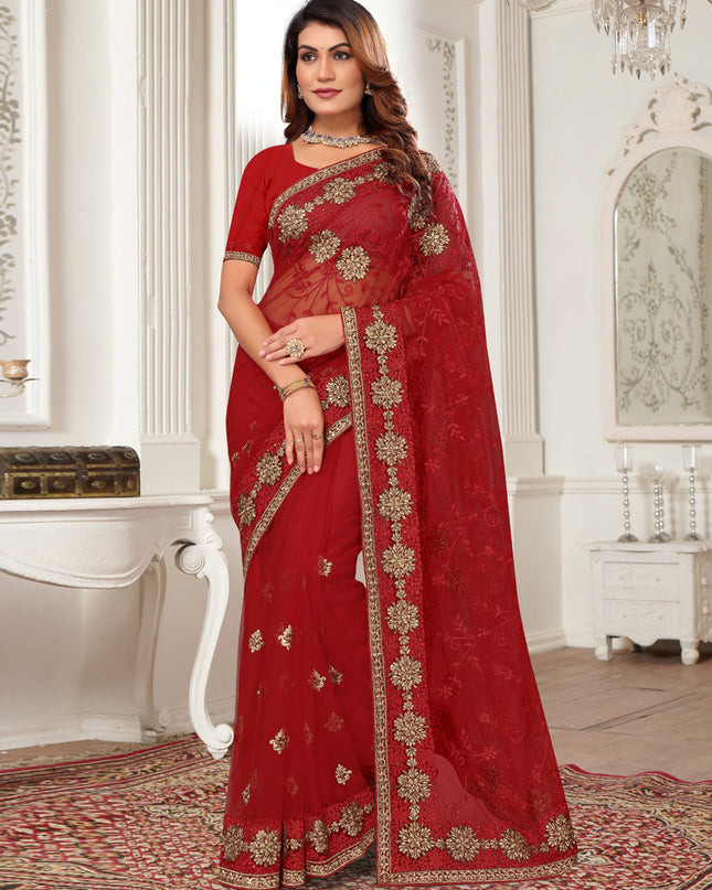 Maroon Net Embroidered Designer Saree