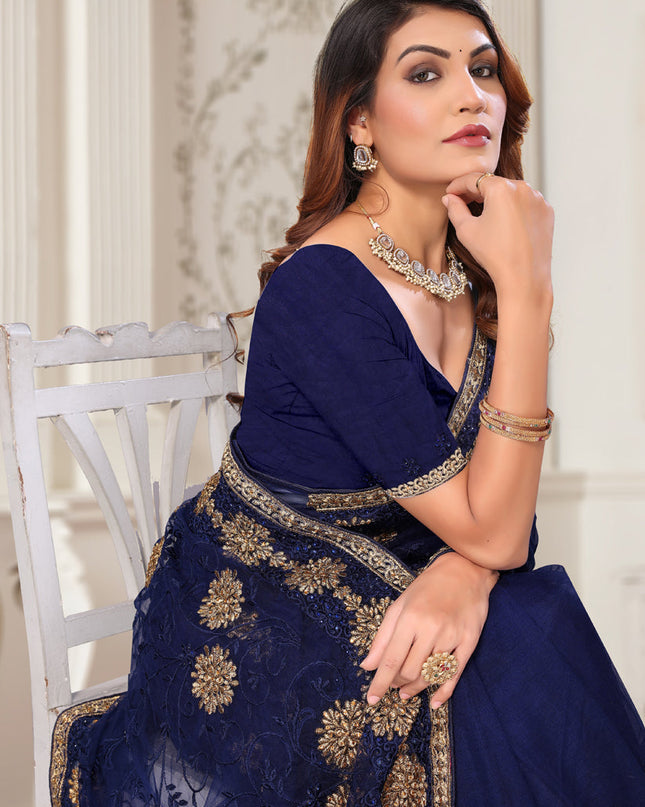 Navy Blue Net Embroidered Designer Saree