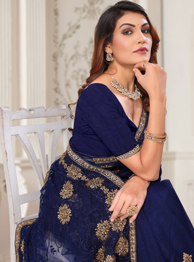Navy Blue Net Embroidered Designer Saree