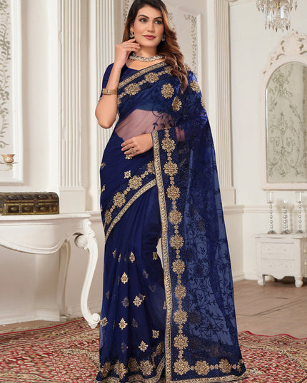 Navy Blue Net Embroidered Designer Saree