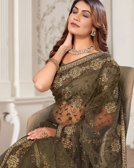 Brown Net Embroidered Designer Saree