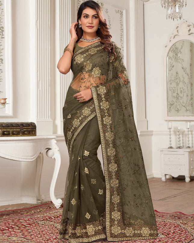 Brown Net Embroidered Designer Saree