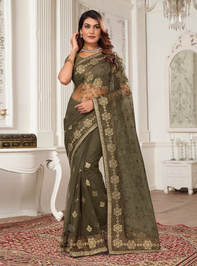 Brown Net Embroidered Designer Saree