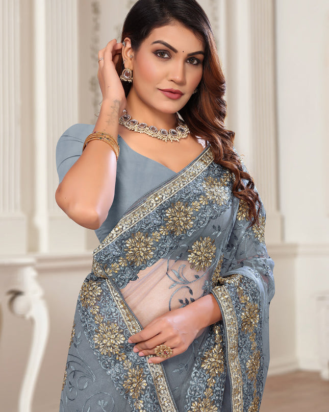 Grey Net Embroidered Designer Saree