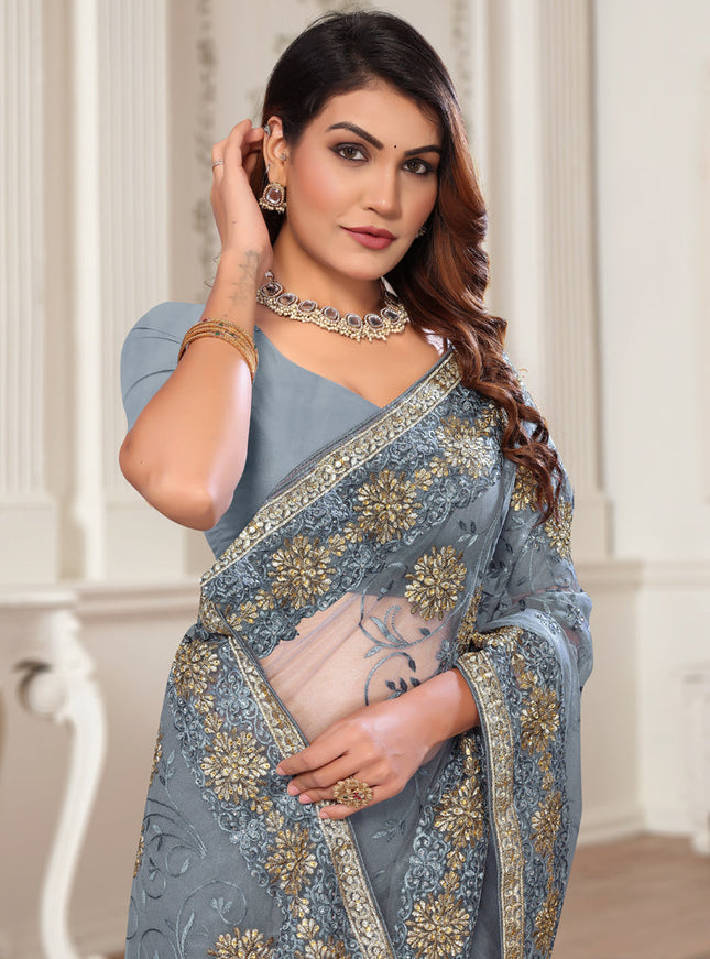 Grey Net Embroidered Designer Saree