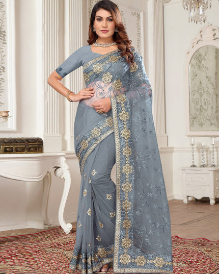 Grey Net Embroidered Designer Saree