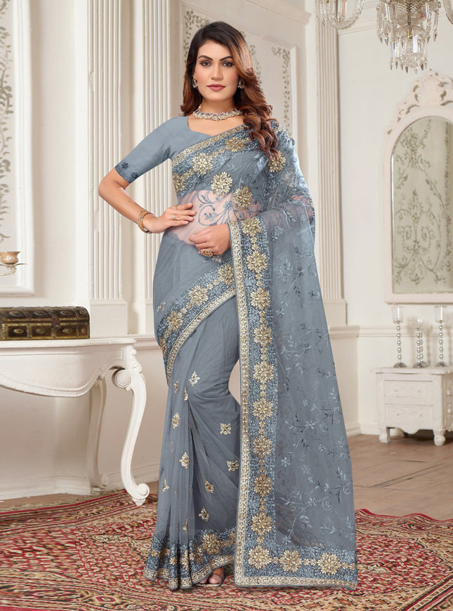 Grey Net Embroidered Designer Saree