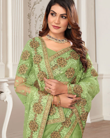 Green Net Embroidered Designer Saree