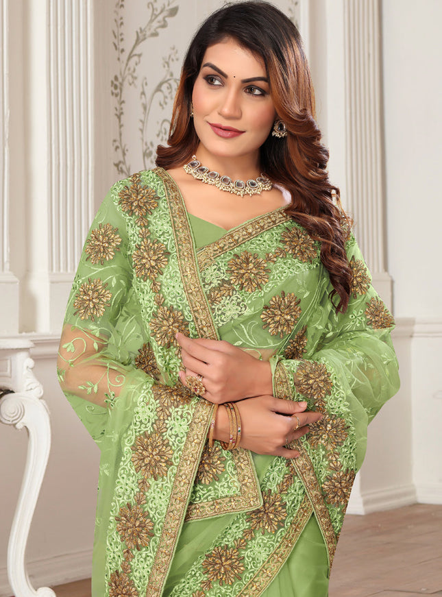 Green Net Embroidered Designer Saree