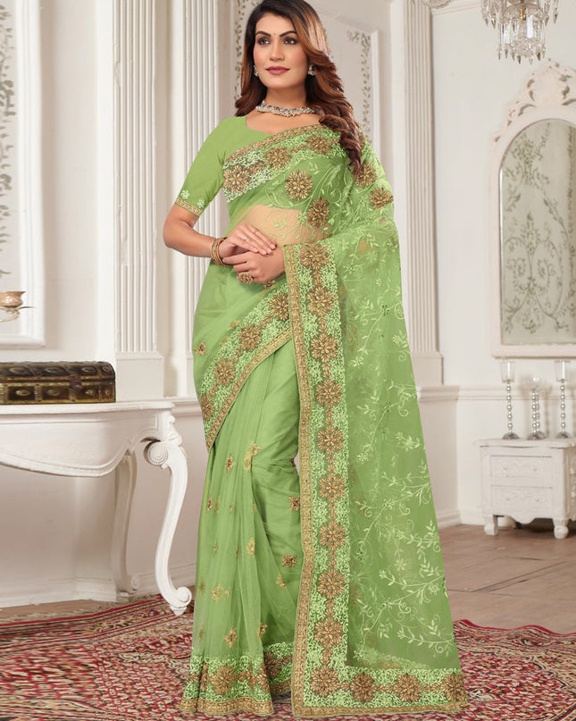 Green Net Embroidered Designer Saree