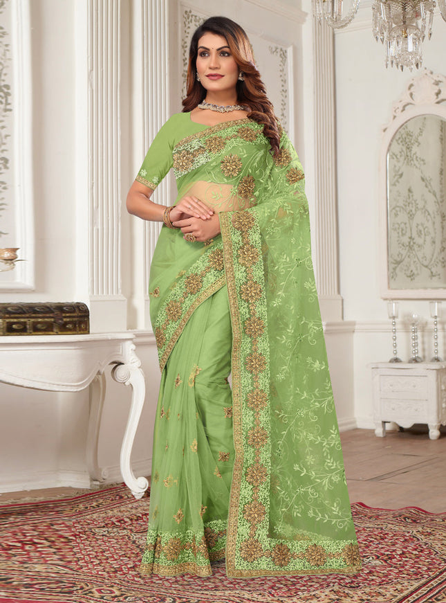 Green Net Embroidered Designer Saree