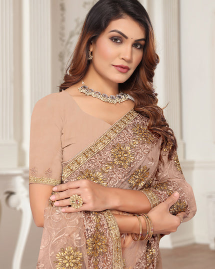 Peach Net Embroidered Designer Saree