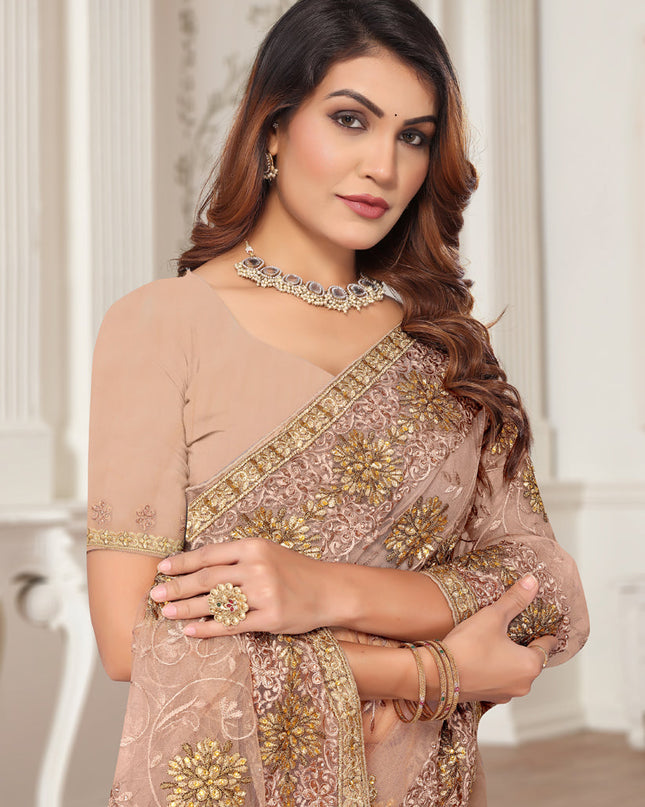 Peach Net Embroidered Designer Saree