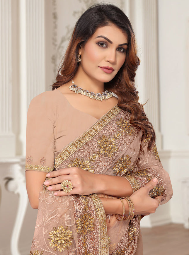Peach Net Embroidered Designer Saree