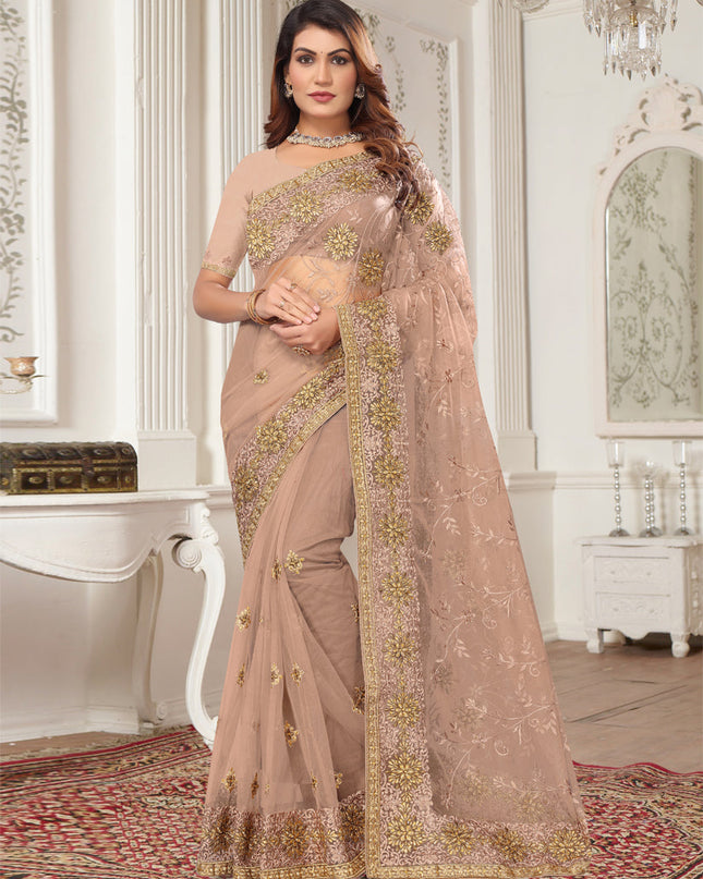 Peach Net Embroidered Designer Saree