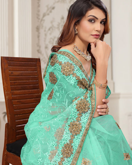 Sea Green Net Embroidered Designer Saree