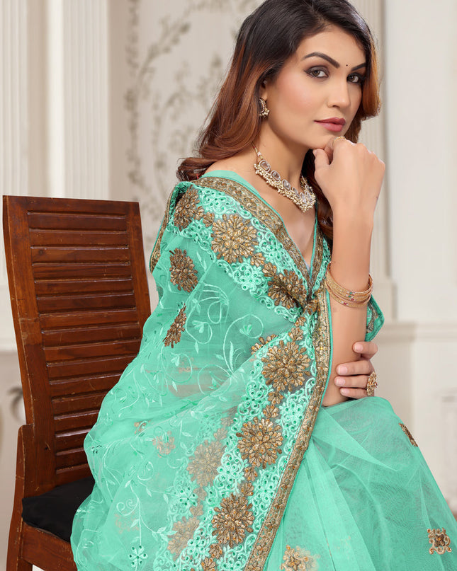 Sea Green Net Embroidered Designer Saree