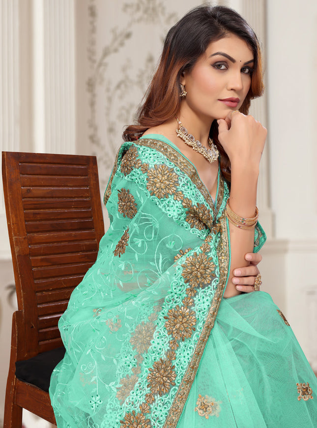 Sea Green Net Embroidered Designer Saree
