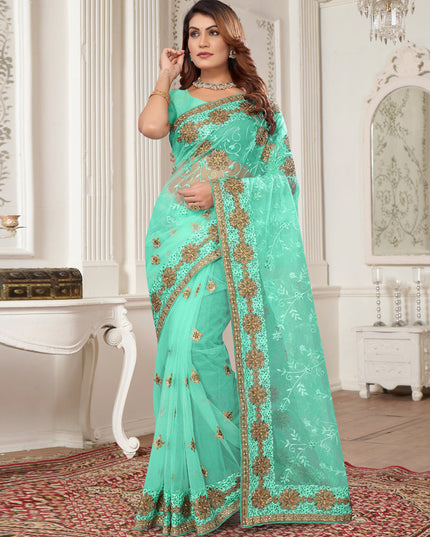 Sea Green Net Embroidered Designer Saree