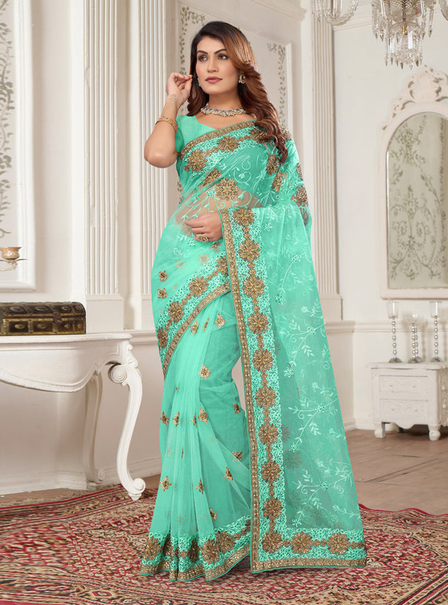Sea Green Net Embroidered Designer Saree